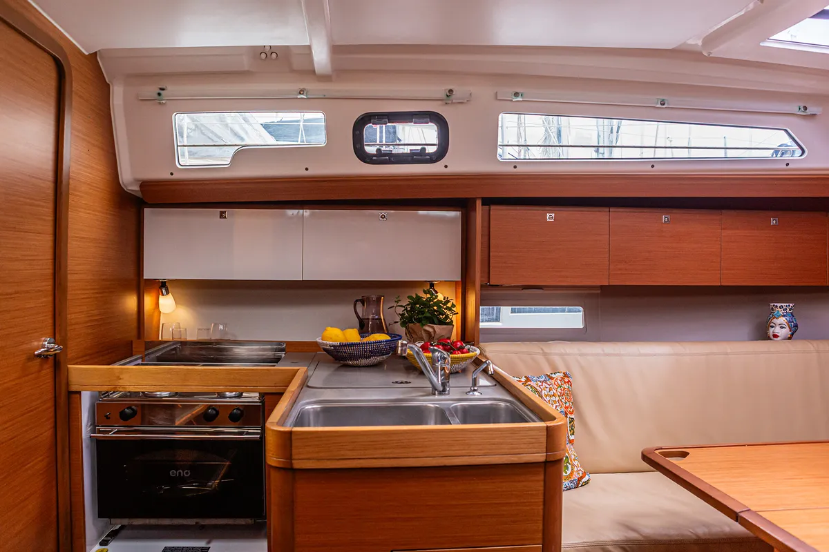 Galley of Smile Planet, a Dufour 360 Grand Large sailboat at Tonnarella, Italy