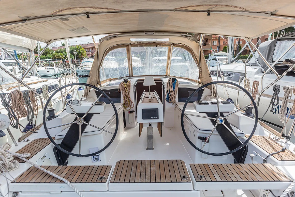 Cockpit of Smile Planet, a Dufour 360 Grand Large sailboat at Tonnarella, Italy