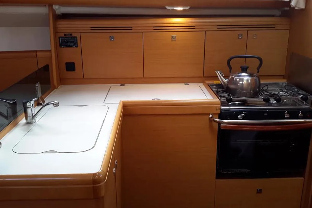 Galley of El Greco, a Jeanneau Sun Odyssey 36i sailboat at Athens, Greece