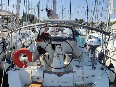 Cockpit of El Greco, a Jeanneau Sun Odyssey 36i sailboat at Athens, Greece