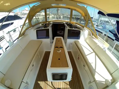 Cockpit of Pleasant Company, a Dufour 382 Grand Large sailboat at Kalkara, Malta
