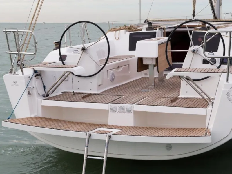 Deck of Pleasant Company, a Dufour 382 Grand Large sailboat at Kalkara, Malta