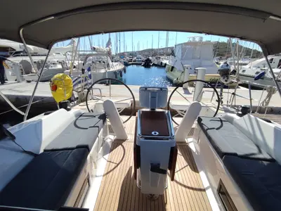Cockpit of Alexa, a Hanse 418 sailboat at Lavrion, Greece