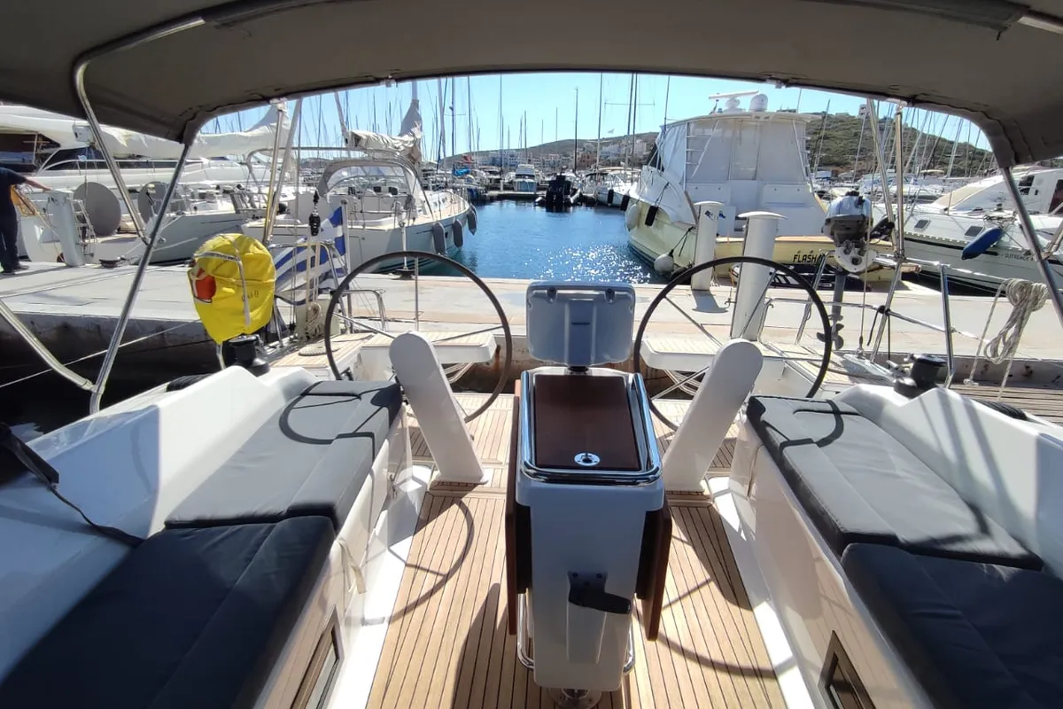Cockpit of Alexa, a Hanse 418 sailboat at Lavrion, Greece