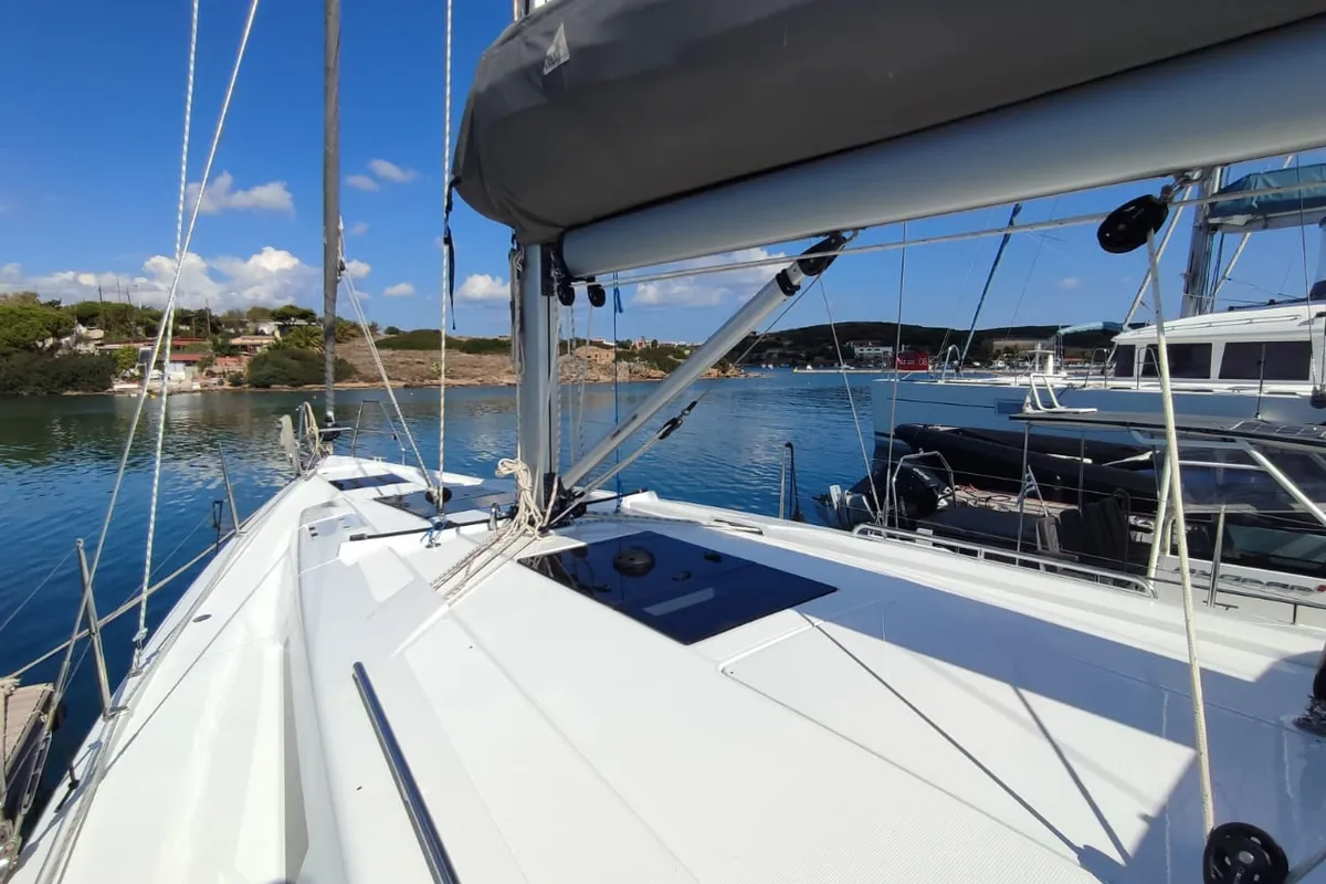 Deck of Alexa, a Hanse 418 sailboat at Lavrion, Greece