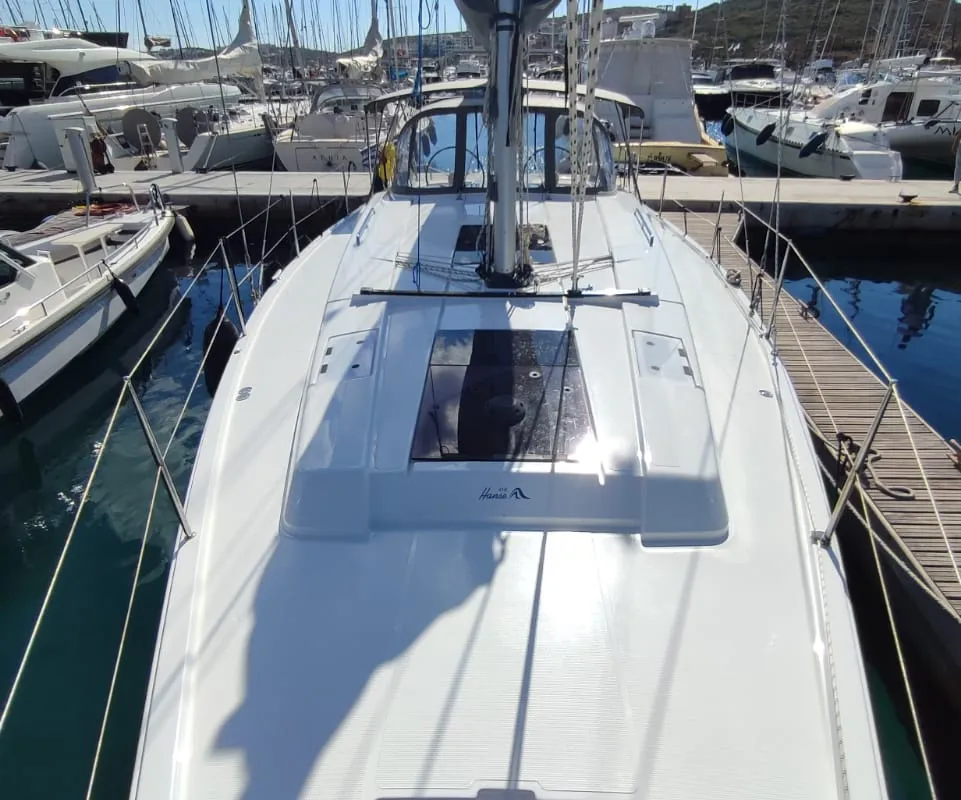 Deck of Alexa, a Hanse 418 sailboat at Lavrion, Greece