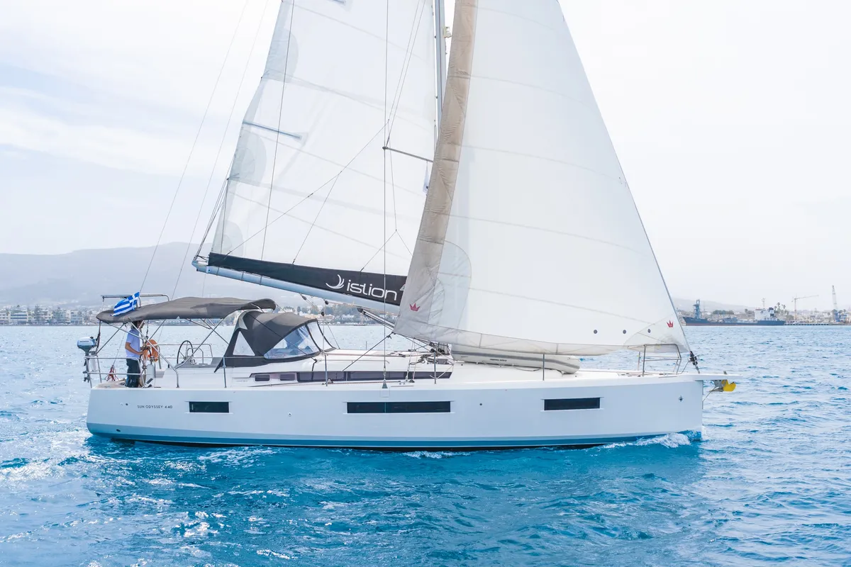 Exterior view of Lefkippi, a Jeanneau Sun Odyssey 440 sailboat at Kos, Greece