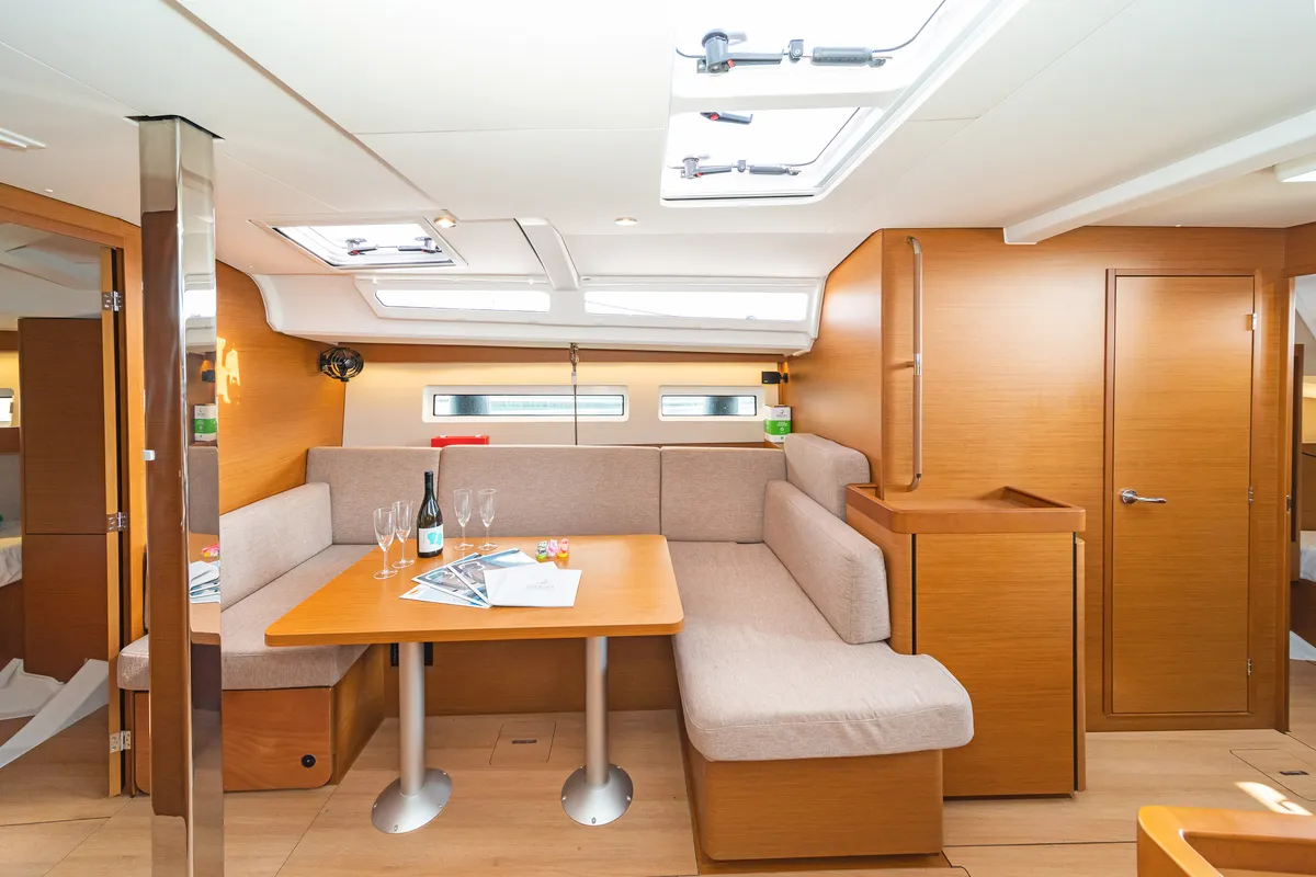 Salon of Lefkippi, a Jeanneau Sun Odyssey 440 sailboat at Kos, Greece