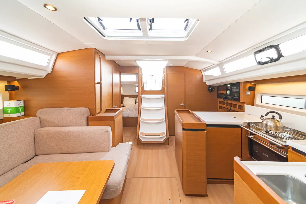 Salon of Lefkippi, a Jeanneau Sun Odyssey 440 sailboat at Kos, Greece