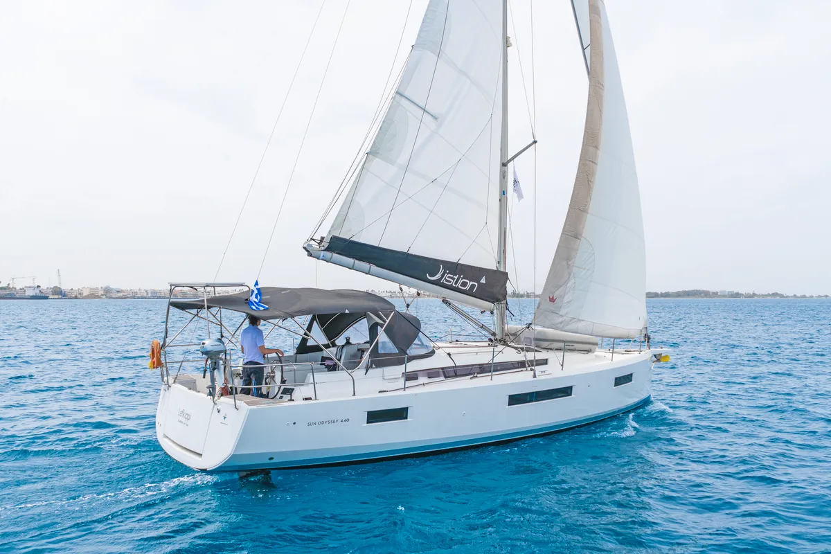 Exterior view of Lefkippi, a Jeanneau Sun Odyssey 440 sailboat at Kos, Greece