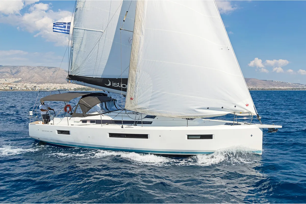 Exterior view of Tolinho, a Jeanneau Sun Odyssey 440 sailboat at Municipal Unit of Rhodes, Greece