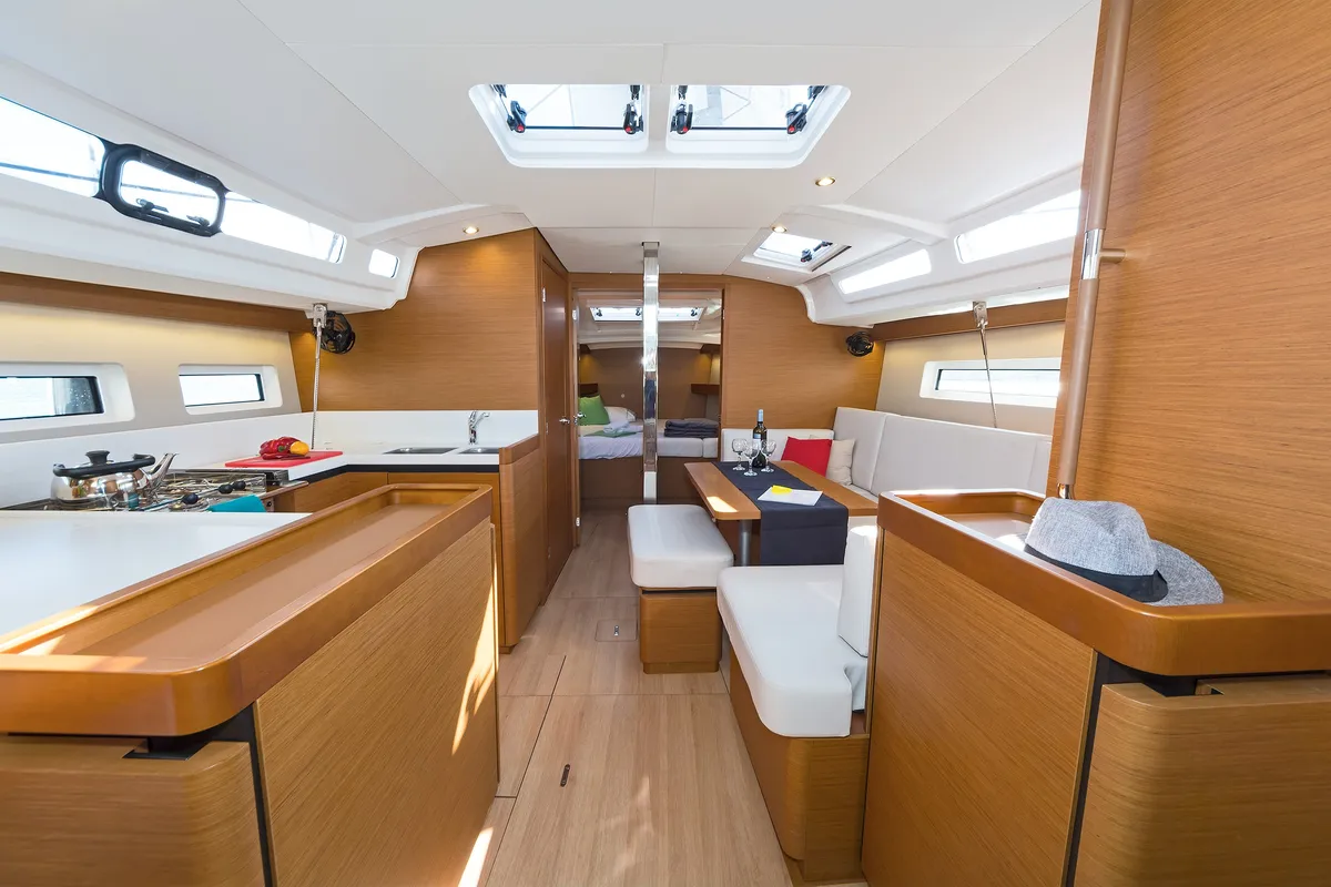 Salon of Tolinho, a Jeanneau Sun Odyssey 440 sailboat at Municipal Unit of Rhodes, Greece