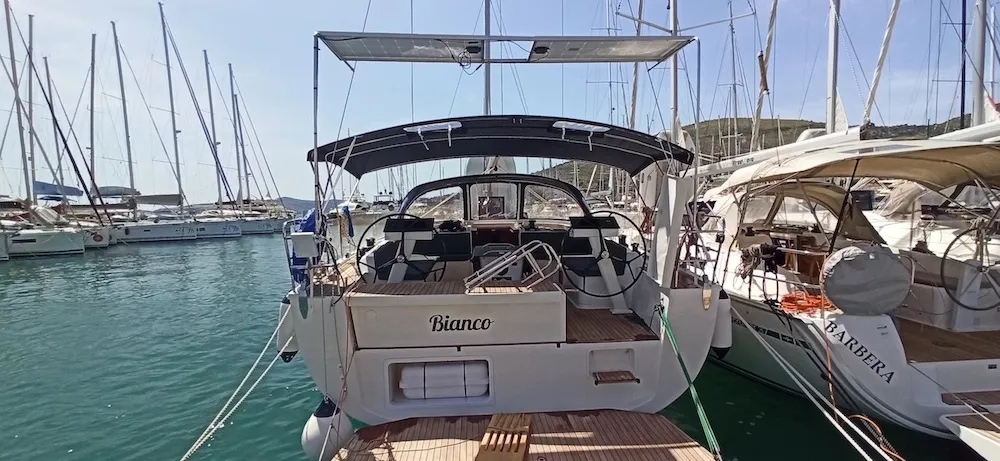 Exterior view of Bianco, a D&D Kufner 50 sailboat at Seget Donji, Croatia