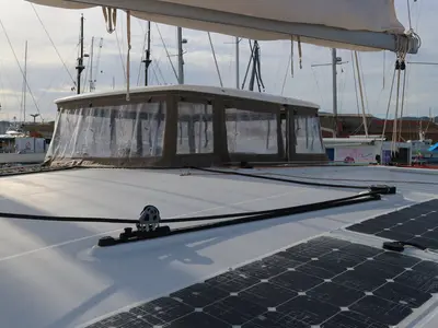 Cockpit of Lagoon 450 S, a catamaran at Palma de Mallorca, Spain