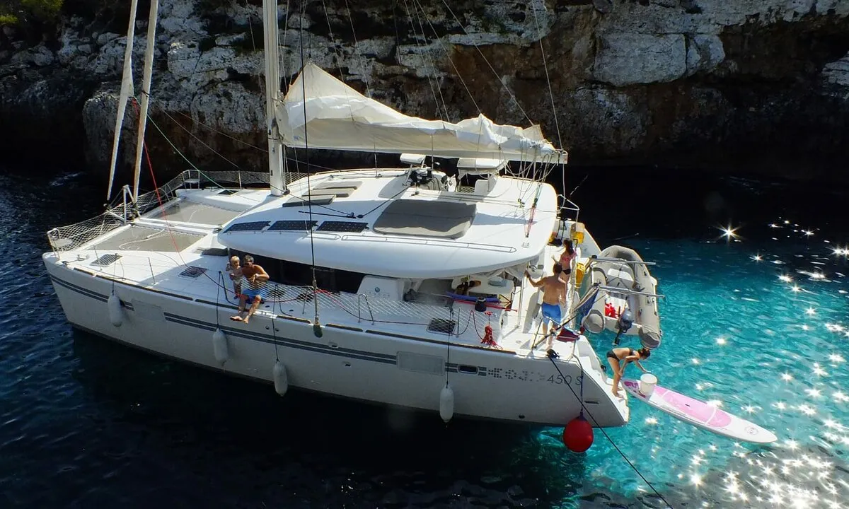 Exterior view of Lagoon 450 S, a catamaran at Palma de Mallorca, Spain