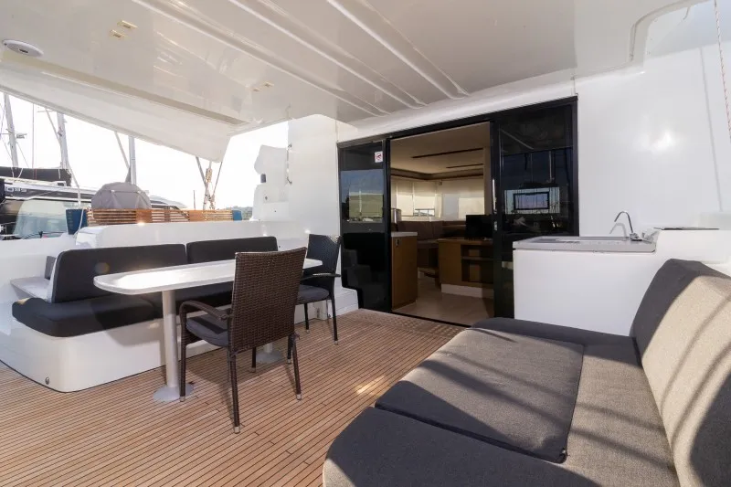 Deck of Zuzo 1ST, a Lagoon 50 catamaran at Grad Šibenik, Croatia