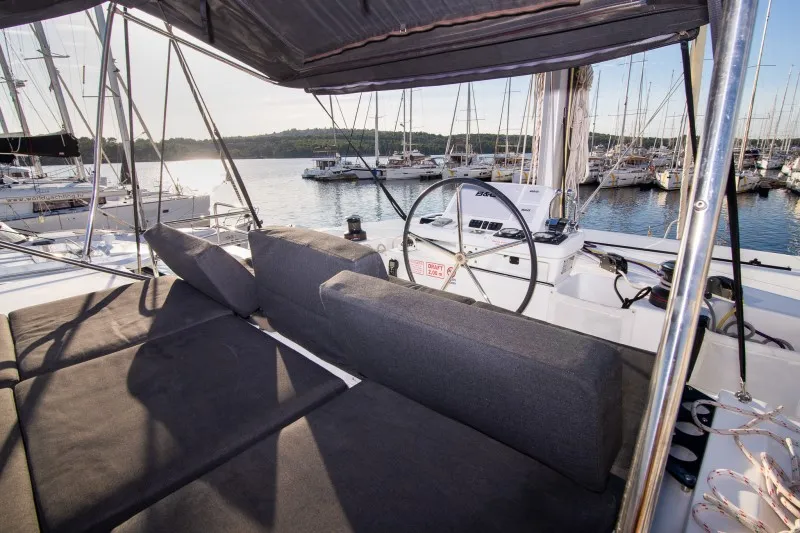Cockpit of Zuzo 1ST, a Lagoon 50 catamaran at Grad Šibenik, Croatia