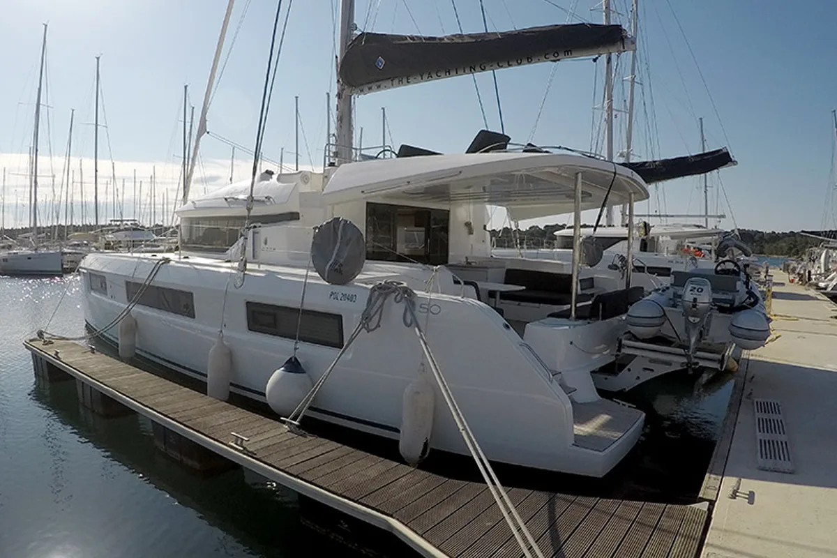 Exterior view of Zuzo 1ST, a Lagoon 50 catamaran at Grad Šibenik, Croatia