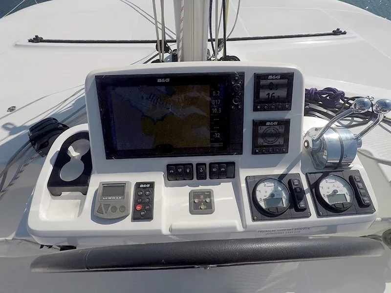 Cockpit of Zuzo 1ST, a Lagoon 50 catamaran at Grad Šibenik, Croatia