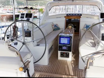 Cockpit of Makay, a Garcia 72.2 sailboat at Grad Kaštela, Croatia