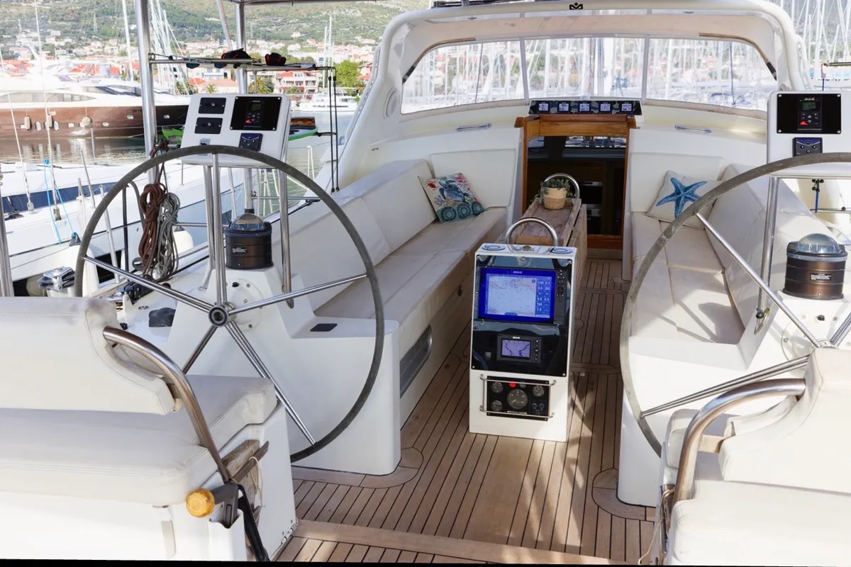 Cockpit of Makay, a Garcia 72.2 sailboat at Grad Kaštela, Croatia