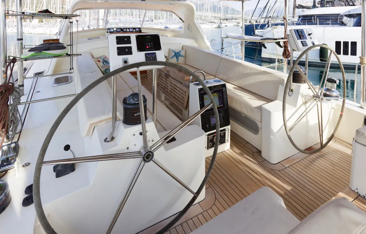 Cockpit of Makay, a Garcia 72.2 sailboat at Grad Kaštela, Croatia