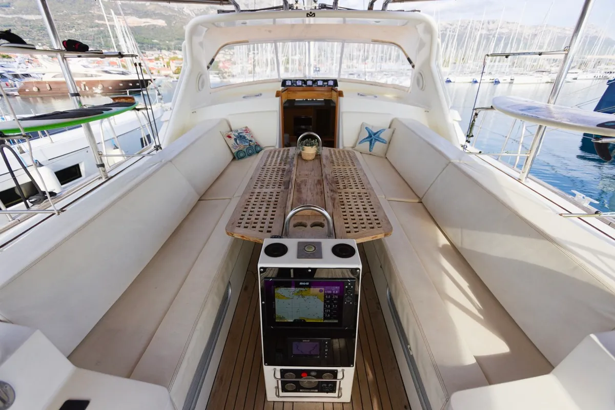 Deck of Makay, a Garcia 72.2 sailboat at Grad Kaštela, Croatia