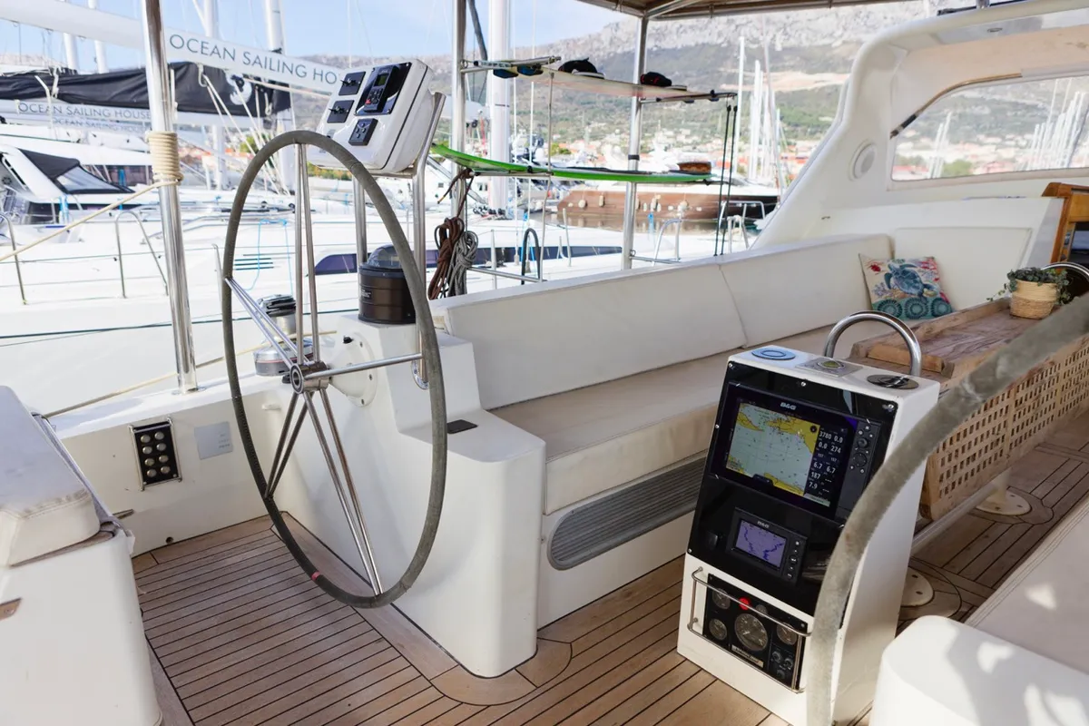 Cockpit of Makay, a Garcia 72.2 sailboat at Grad Kaštela, Croatia
