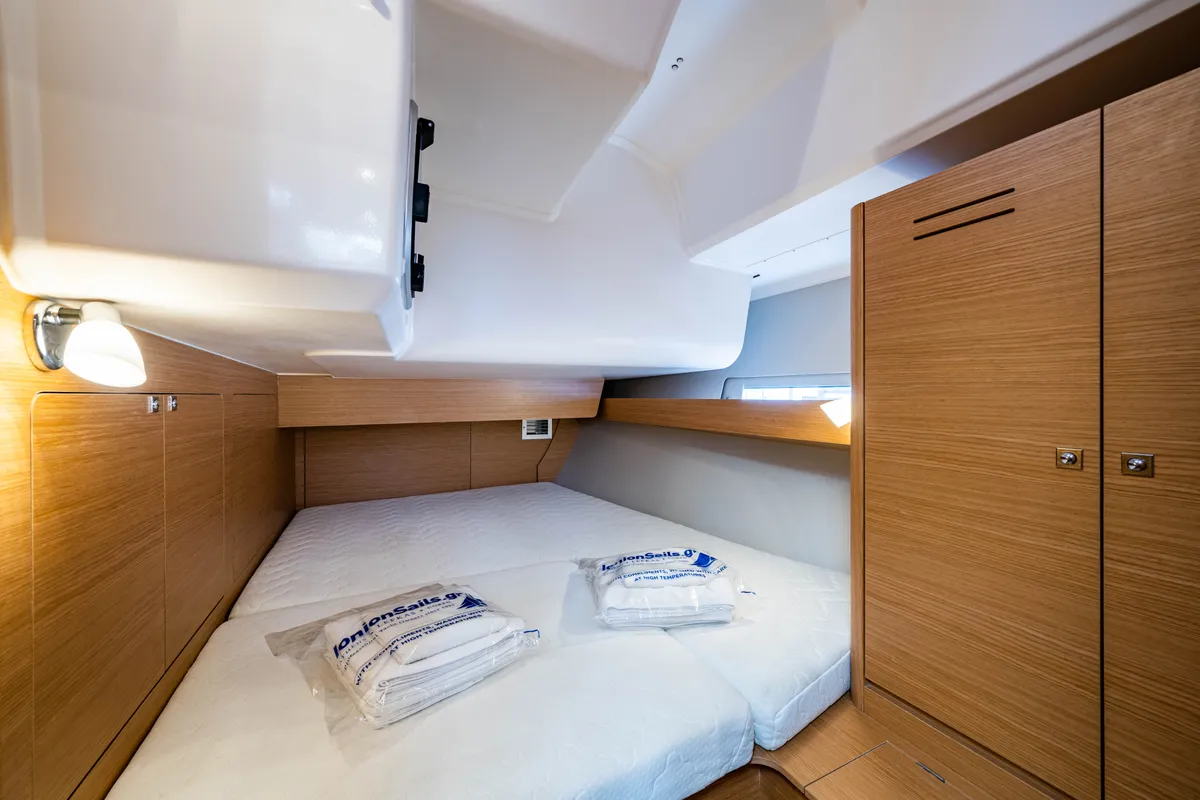 Cabin on Pulsar, a Dufour 460 Grand Large sailboat at Lefkada, Greece