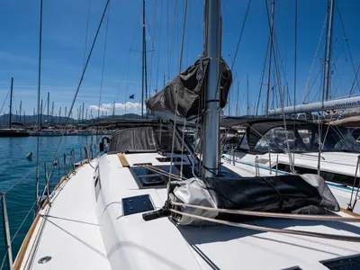 Deck of Pulsar, a Dufour 460 Grand Large sailboat at Lefkada, Greece