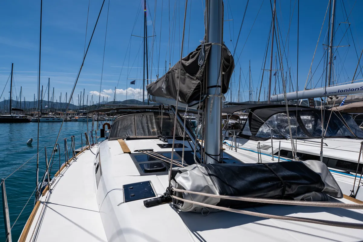 Deck of Pulsar, a Dufour 460 Grand Large sailboat at Lefkada, Greece