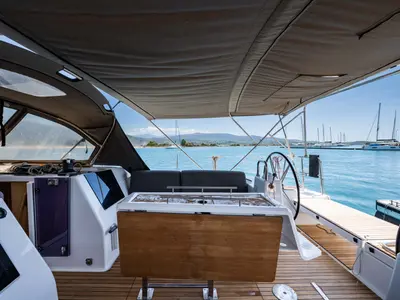Cockpit of Pulsar, a Dufour 460 Grand Large sailboat at Lefkada, Greece