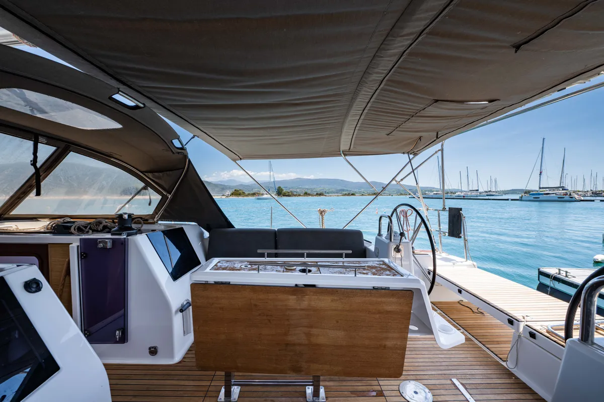 Cockpit of Pulsar, a Dufour 460 Grand Large sailboat at Lefkada, Greece