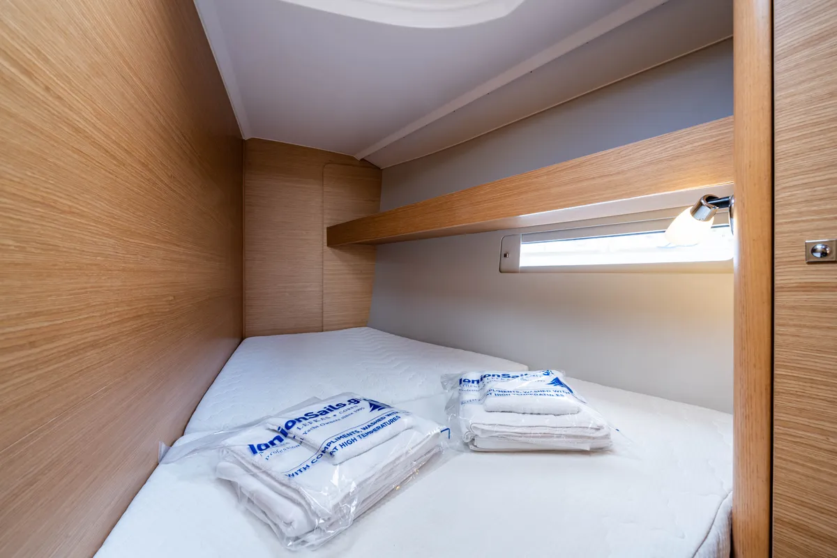 Cabin on Pulsar, a Dufour 460 Grand Large sailboat at Lefkada, Greece