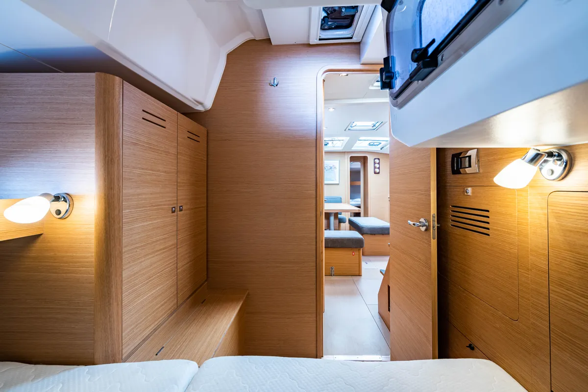 Cabin on Pulsar, a Dufour 460 Grand Large sailboat at Lefkada, Greece