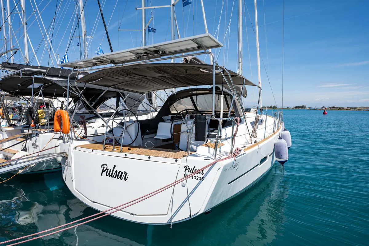Exterior view of Pulsar, a Dufour 460 Grand Large sailboat at Lefkada, Greece