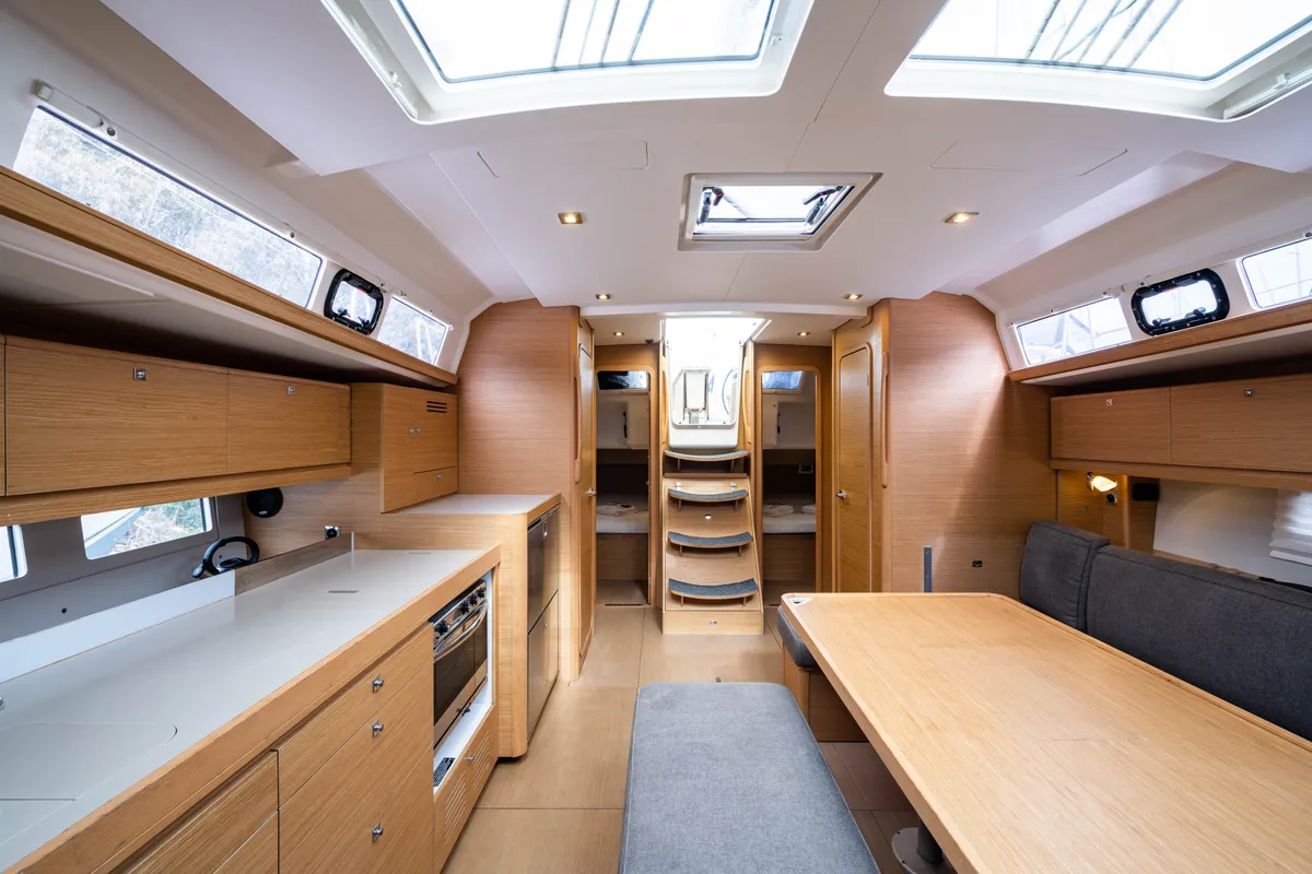 Salon of Pulsar, a Dufour 460 Grand Large sailboat at Lefkada, Greece