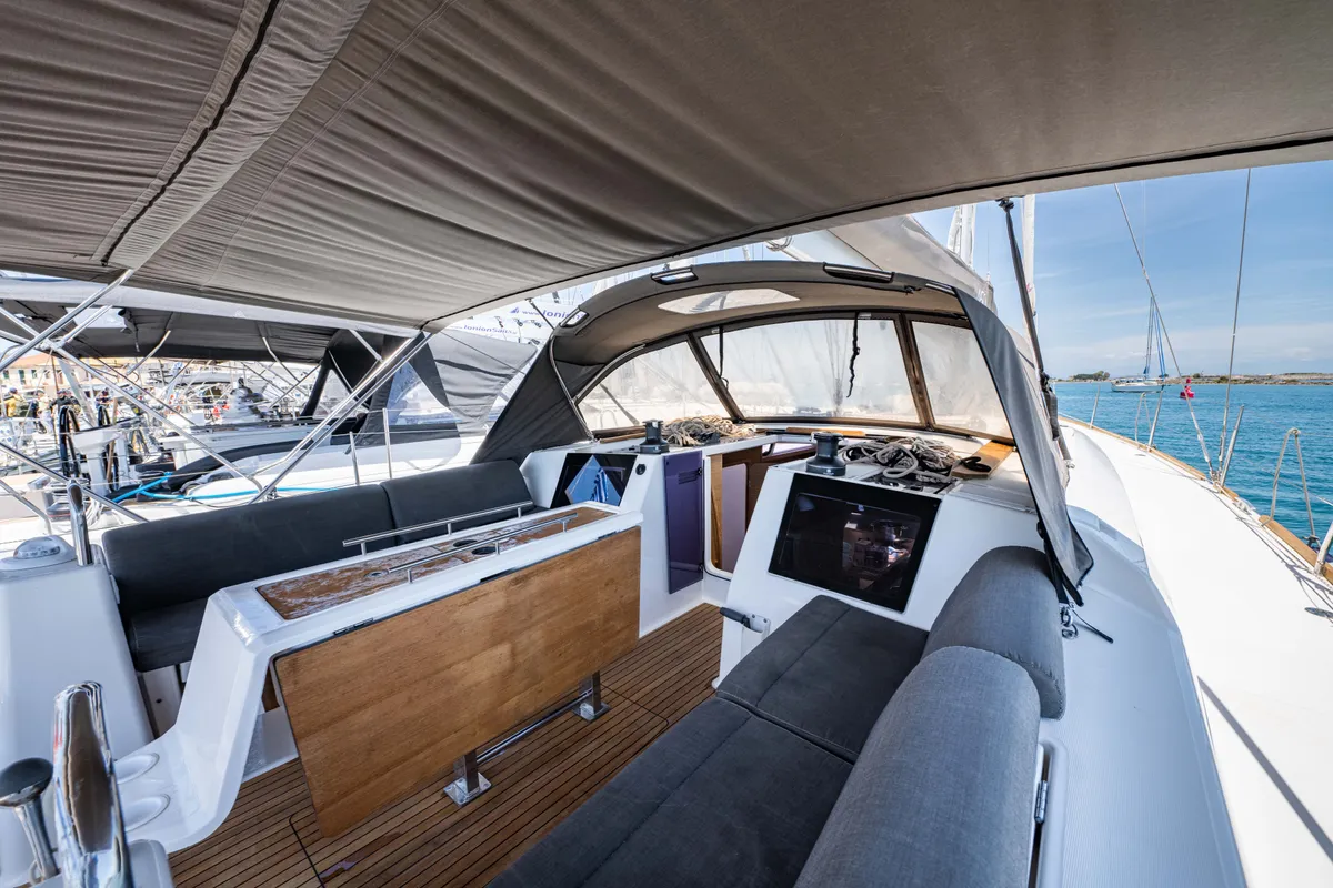 Cockpit of Pulsar, a Dufour 460 Grand Large sailboat at Lefkada, Greece