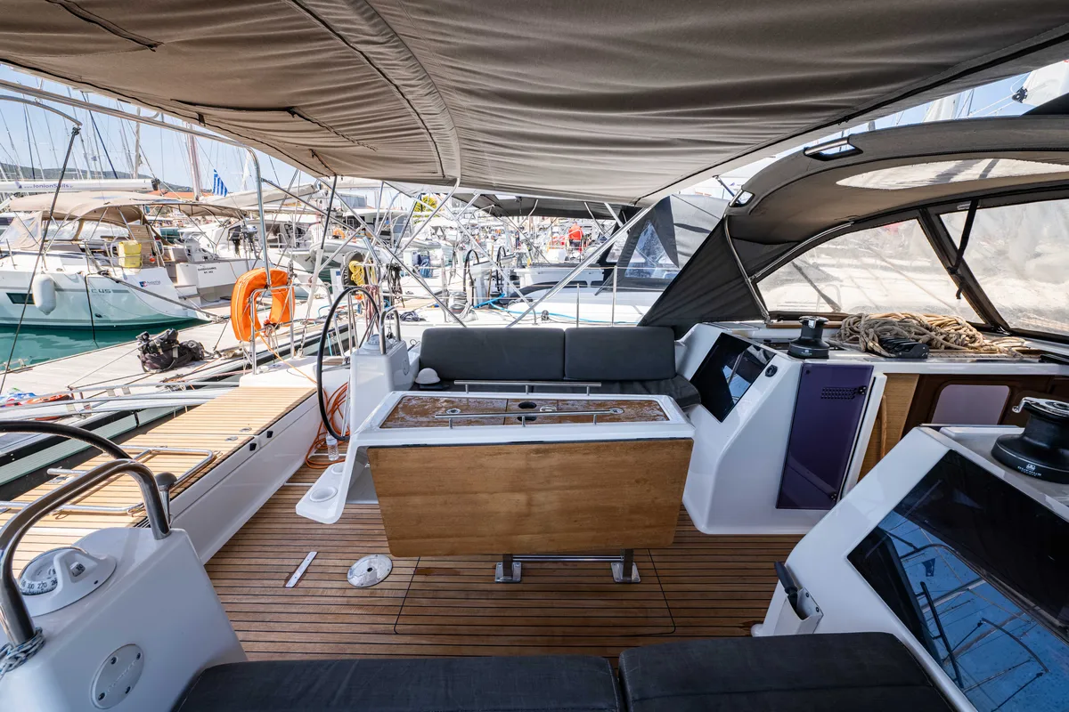 Cockpit of Pulsar, a Dufour 460 Grand Large sailboat at Lefkada, Greece