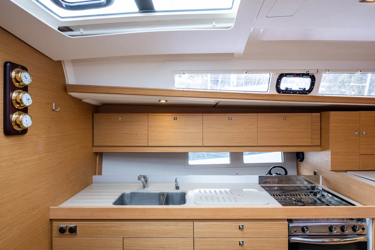 Galley of Pulsar, a Dufour 460 Grand Large sailboat at Lefkada, Greece