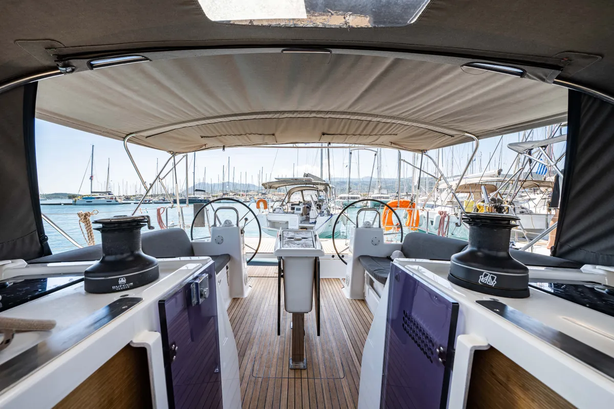Cockpit of Pulsar, a Dufour 460 Grand Large sailboat at Lefkada, Greece