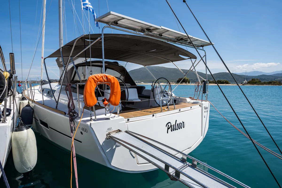 Exterior view of Pulsar, a Dufour 460 Grand Large sailboat at Lefkada, Greece