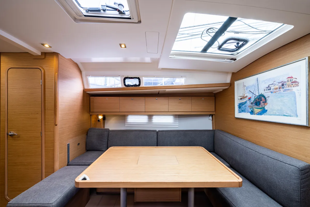 Salon of Pulsar, a Dufour 460 Grand Large sailboat at Lefkada, Greece