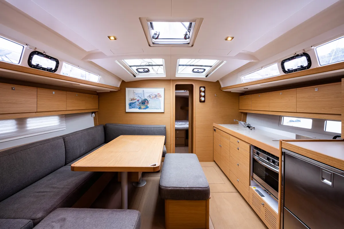 Salon of Pulsar, a Dufour 460 Grand Large sailboat at Lefkada, Greece