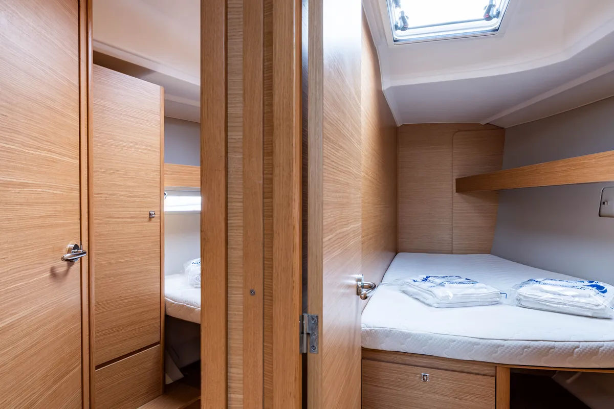 Cabin on Pulsar, a Dufour 460 Grand Large sailboat at Lefkada, Greece