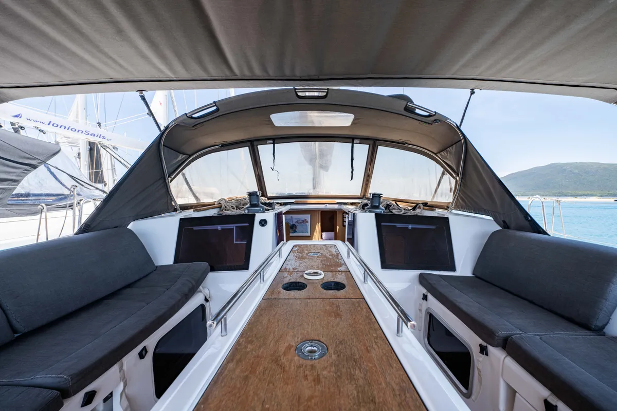 Cockpit of Pulsar, a Dufour 460 Grand Large sailboat at Lefkada, Greece