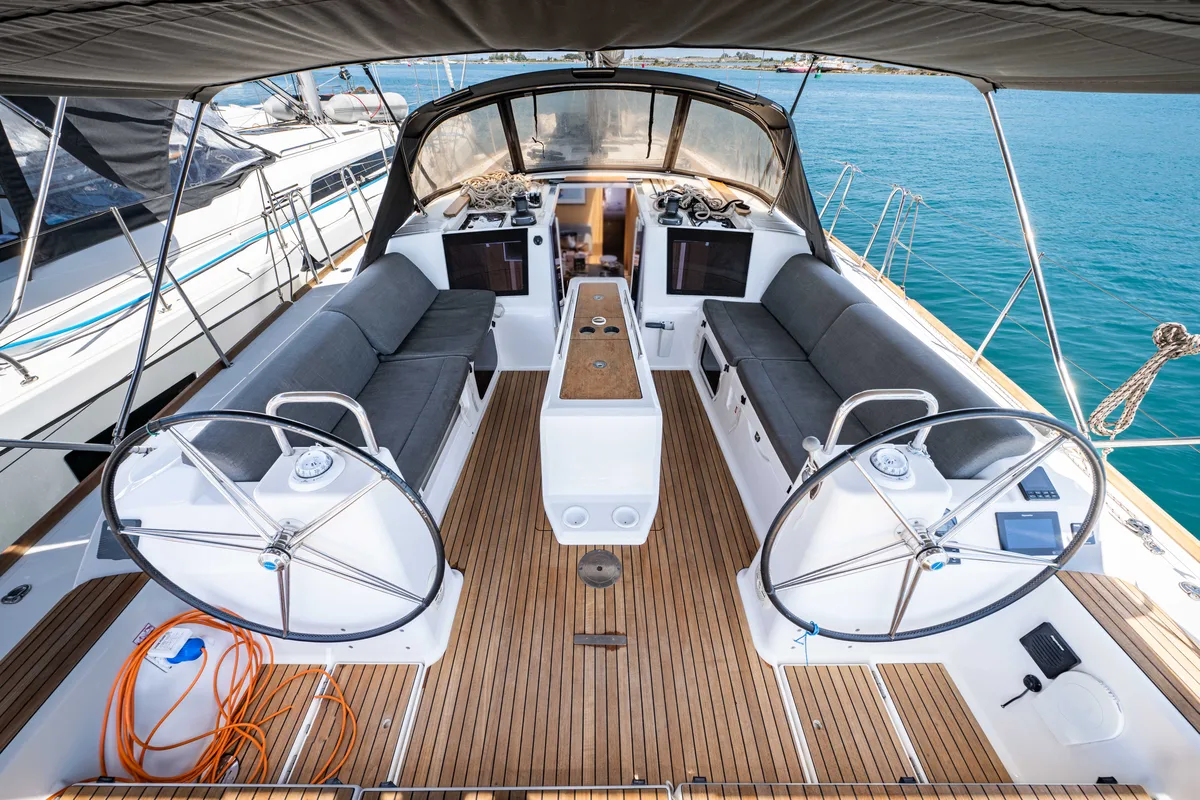 Cockpit of Pulsar, a Dufour 460 Grand Large sailboat at Lefkada, Greece