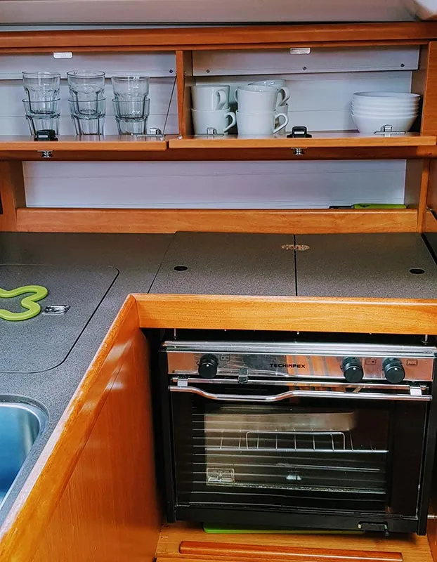 Galley of Salsa, a Bavaria Cruiser 33 sailboat at Zadar, Croatia