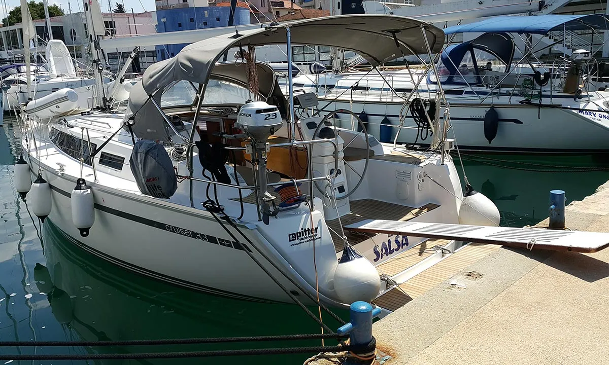 Exterior view of Salsa, a Bavaria Cruiser 33 sailboat at Zadar, Croatia