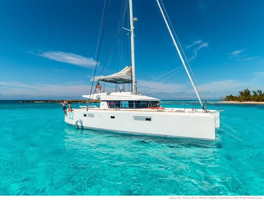 Exterior view of Kepi, a Lagoon 52 catamaran at Lavrion, Greece